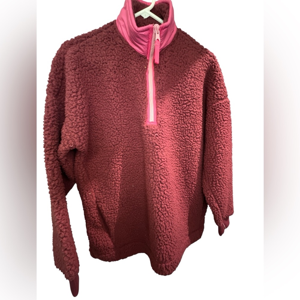 Aerie Women's Burgundy and Pink Sherpa 1/2 Zip Turtleneck Jacket